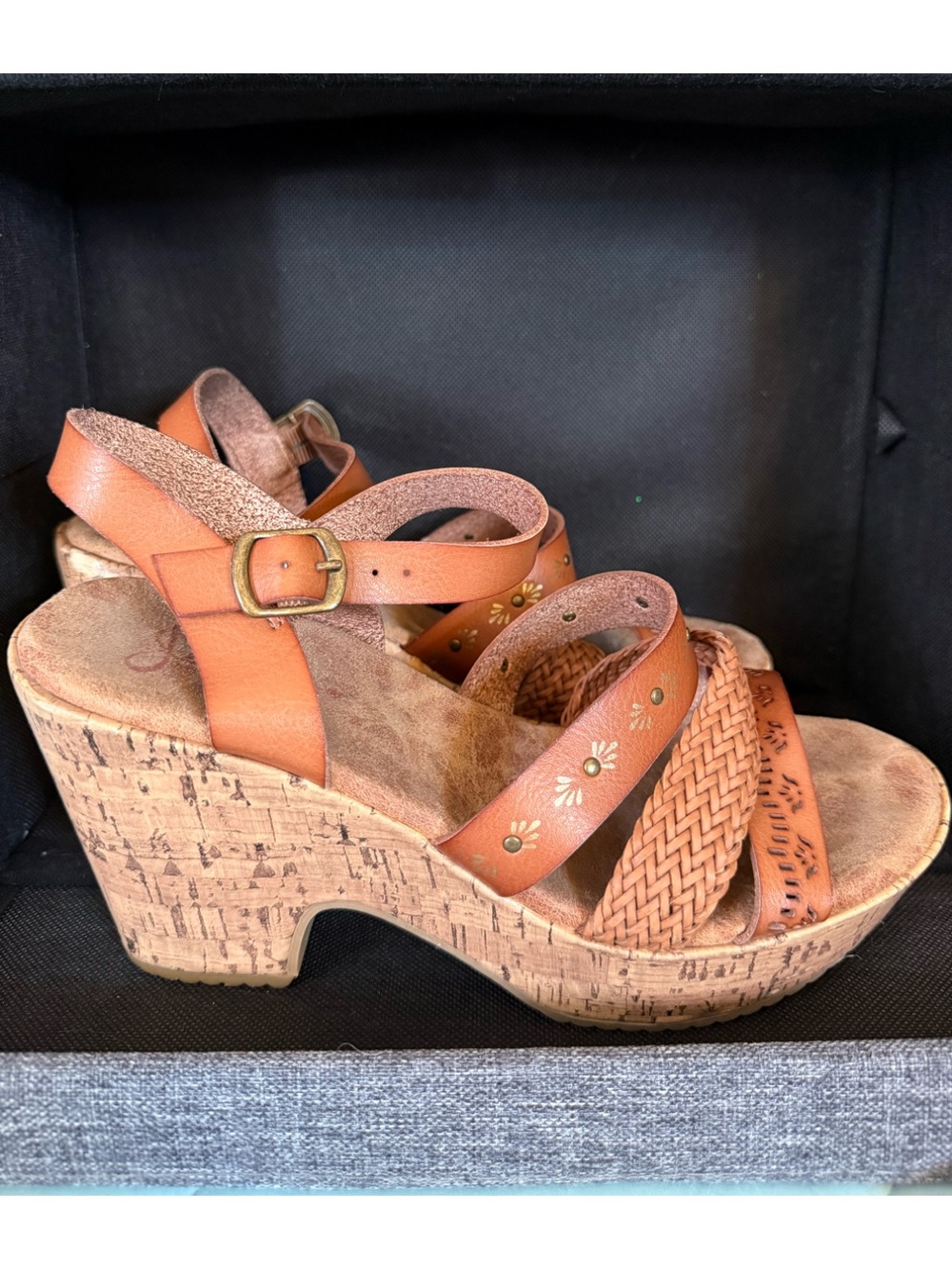 JellyPop Kora Women's Tan Woven Cork Wedge Sandals Strappy Platform OSS